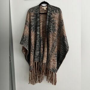 Fringed Knit Poncho in Black and Brown